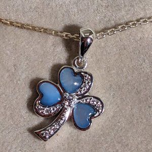 Beautiful Sterling Shamrock Blue Mother Of Pearl Crystal Pendant 18" Chain